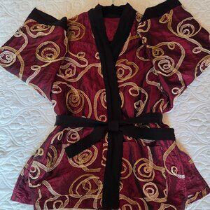 Handmade Burgundy taffeta Kimono ivory gold ribbon embroidered black short Lg
